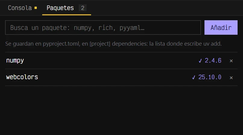 La pestaña Paquetes: el buscador y la lista con numpy y webcolors instalados en el pyproject.toml del proyecto