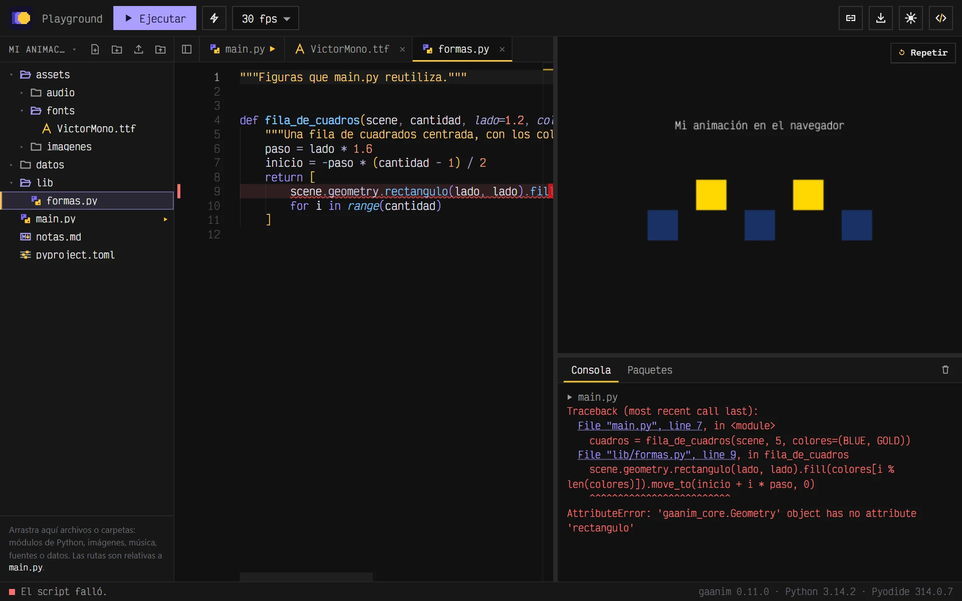 Un AttributeError dentro de lib/formas.py: el archivo abierto con la línea marcada y el traceback en la consola