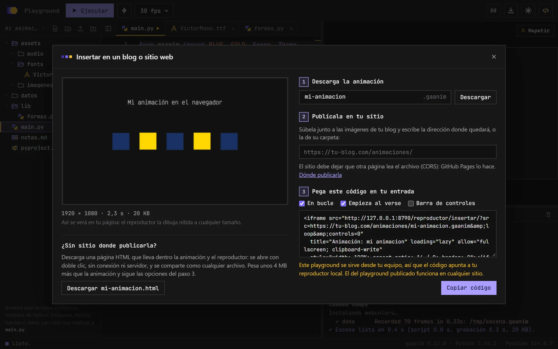 El diálogo Insertar: la vista previa a la izquierda, con la descarga de la página HTML debajo, y los pasos con el código del iframe a la derecha