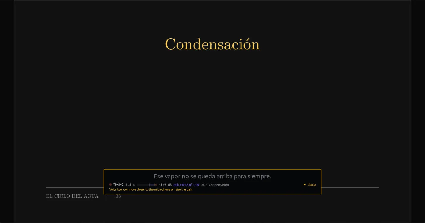 Grabando una diapositiva: el prompter muestra el guion y TIMING, el medidor de nivel, talk ≈ 0:45 of 1:00 y el tiempo en Condensacion