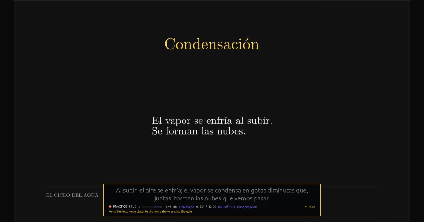 Una práctica en curso: el prompter muestra el guion y una línea de estado con PRACTICE, el nivel del micrófono, 1:26 ahead, 0:39 / 5:00 y 0:20 of 1:20 en Condensacion