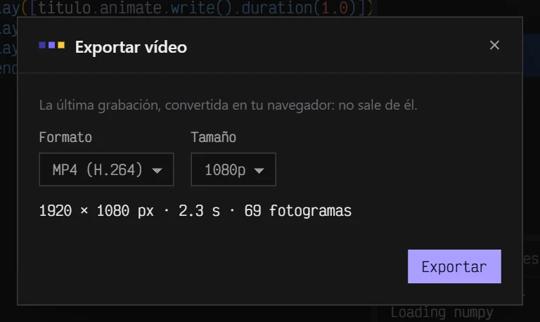 El diálogo Exportar vídeo, con el formato, el tamaño y la duración