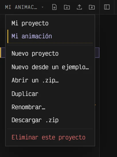 El menú de proyectos, abierto desde el nombre del proyecto