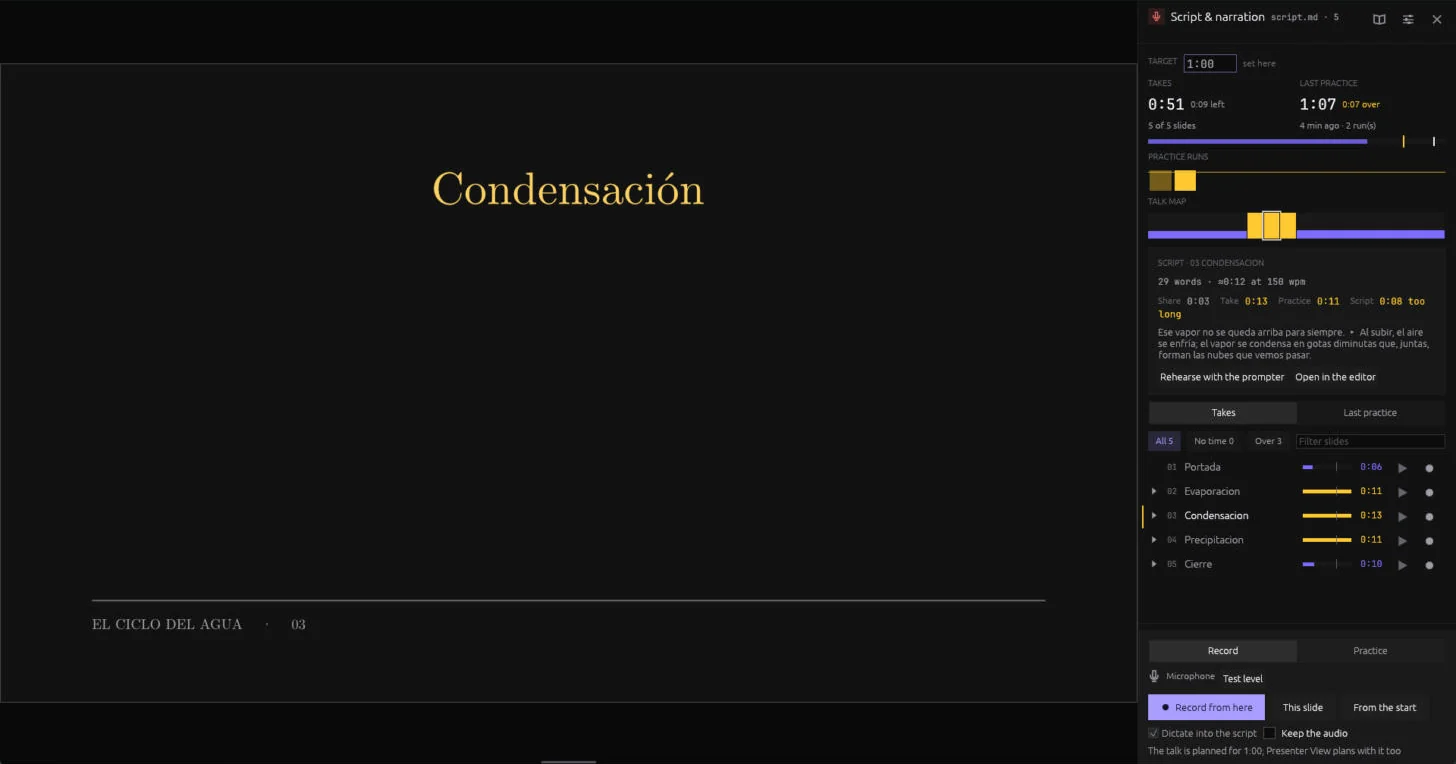 El editor con el panel Script & narration acoplado a la derecha: objetivo de 1:00, tomas y última práctica, historial de prácticas, mapa de la charla, guion de la diapositiva actual, lista de diapositivas y controles de grabación