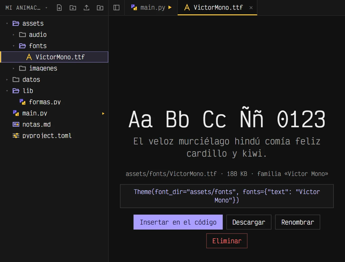 Una fuente subida a assets/fonts, con su muestra, su familia y el código del tema